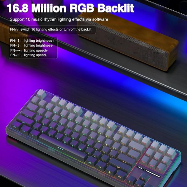 AULA F87 Side-Engraved Keycaps Wireless Tri Mode (2.4GHz/Type-C/BT) RGB Mechanical Gaming Keyboard | Gradient Gray, Space Crystal Switch (F87GrC) - Image 4