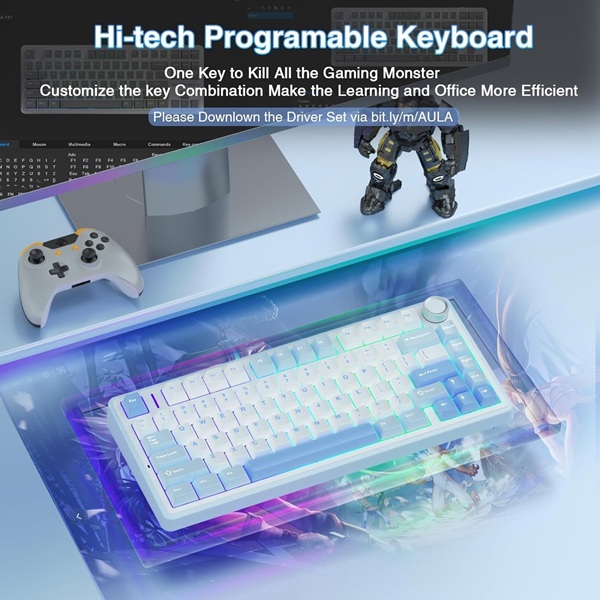 AULA F75 75% Wireless Trio Mode Mechanical Gaming Keyboard With Knob | Sea Blue, Graywood Switch (F75SUW) - Image 3