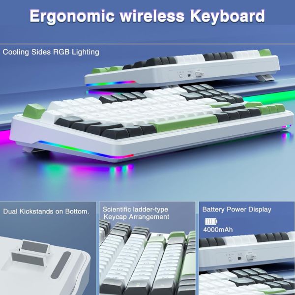 AULA F87 Wireless Tri Mode (2.4GHz/Type-C/BT) RGB Mechanical Gaming Keyboard | Green White, Graywood Switch (F87GW) - Image 3