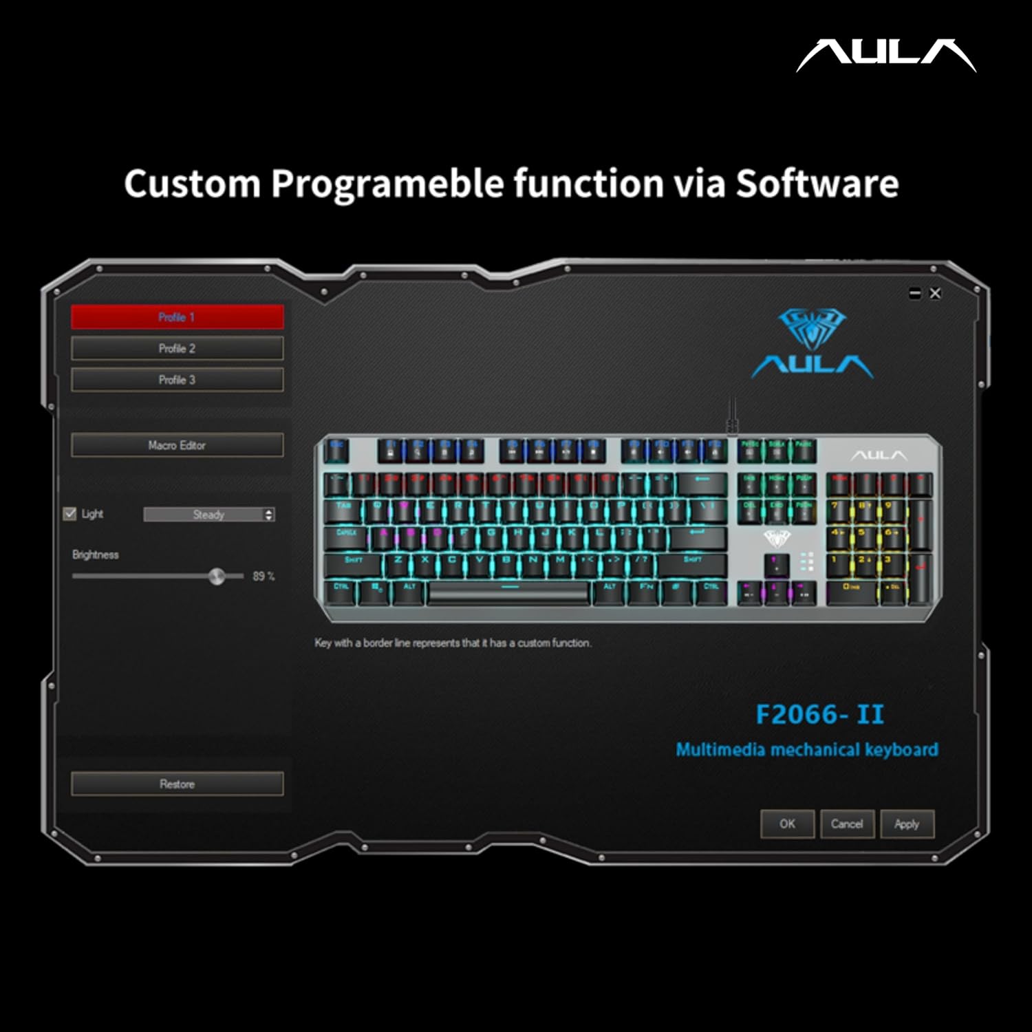 AULA F2066-II USB Full Size Wired Mechanical Gaming Keyboard Black Clicky Blue Switches - Image 2