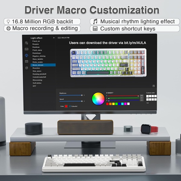 AULA F99 Tri-Mode (2.4G/Wired/BT) Hot Swappable RGB Wireless Full Size Mechanical Gaming Keyboard | Grey White, Graywood Switch (F99GrWW) - Image 3