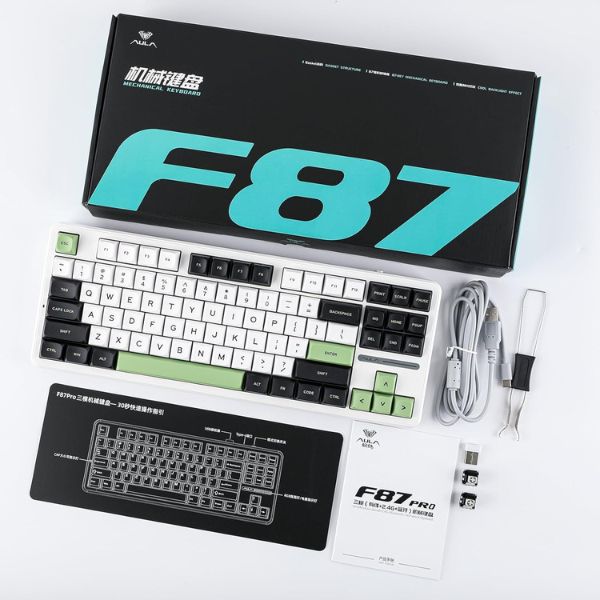 AULA F87 Wireless Tri Mode (2.4GHz/Type-C/BT) RGB Mechanical Gaming Keyboard | Green White, Graywood Switch (F87GW) - Image 2