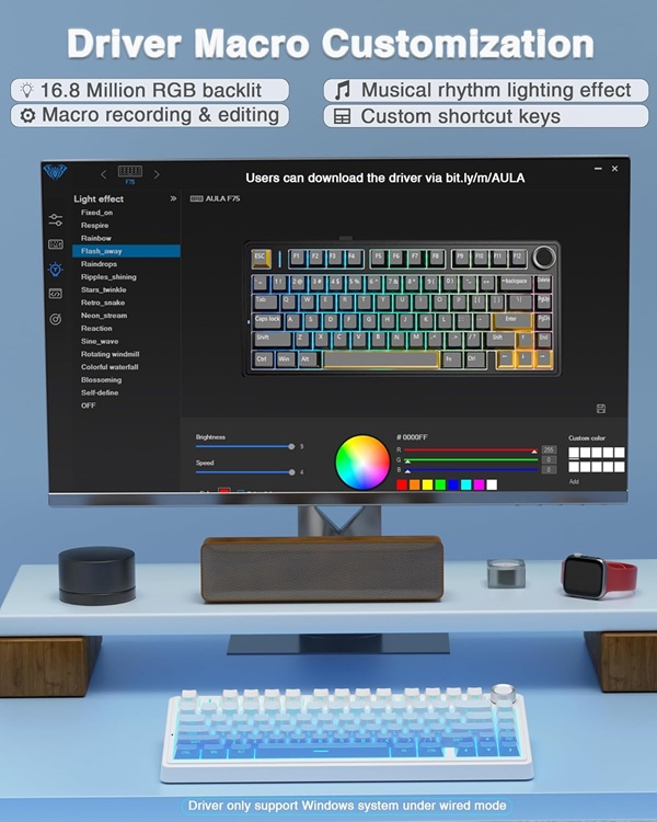 AULA F75 75% Wireless Trio Mode Mechanical Gaming Keyboard With Knob | Side-Engraved Blue, Star-Vector (Seiya) Switch (F75US) - Image 3