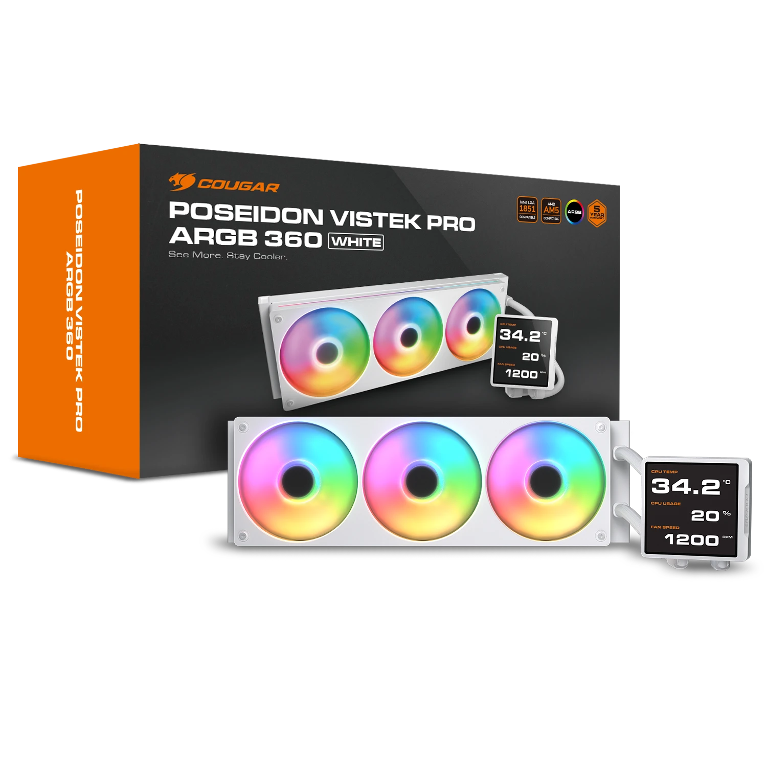 COUGAR Poseiden Vistek Pro ARGB 360mm CPU Liquid Cooler AIO ( With LCD Display ) ( White )