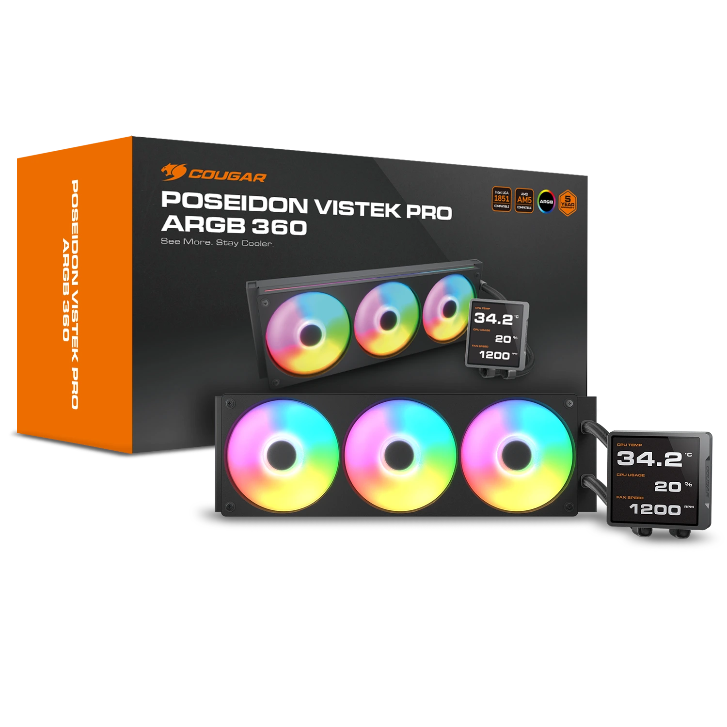 COUGAR Poseiden Vistek Pro ARGB 360mm CPU Liquid Cooler AIO (With LCD Display ) ( Black )