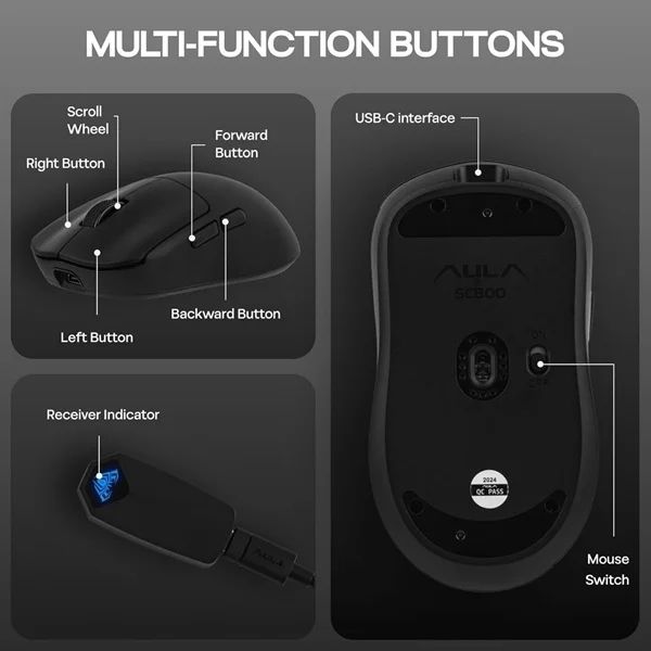 AULA SC800 TRI-MODE WIRELESS 2.4G/WIRED/BLUETOOTH ULTRA-LIGHTWEIGHT GAMING MOUSE | 37GRAMS, ADJUSTABLE 26000 DPI, PAW3395 SENSOR, 8000 POLLING RATE, ULTRA-PRECISE & DURABLE FOR GAMING | BLACK (SC800B) - Image 7